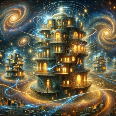 The primary subject of the image is a tall, multi-storied building with many windows. The building is made of bricks and has a unique, spiral-like structure. The setting is a nighttime cityscape, with the building towering over the surrounding area. The visual style of the image is digital art, as it appears to be a computer-generated or digitally rendered scene. The colors and mood of the image are dark and moody, with the building's lights illuminating the night sky.